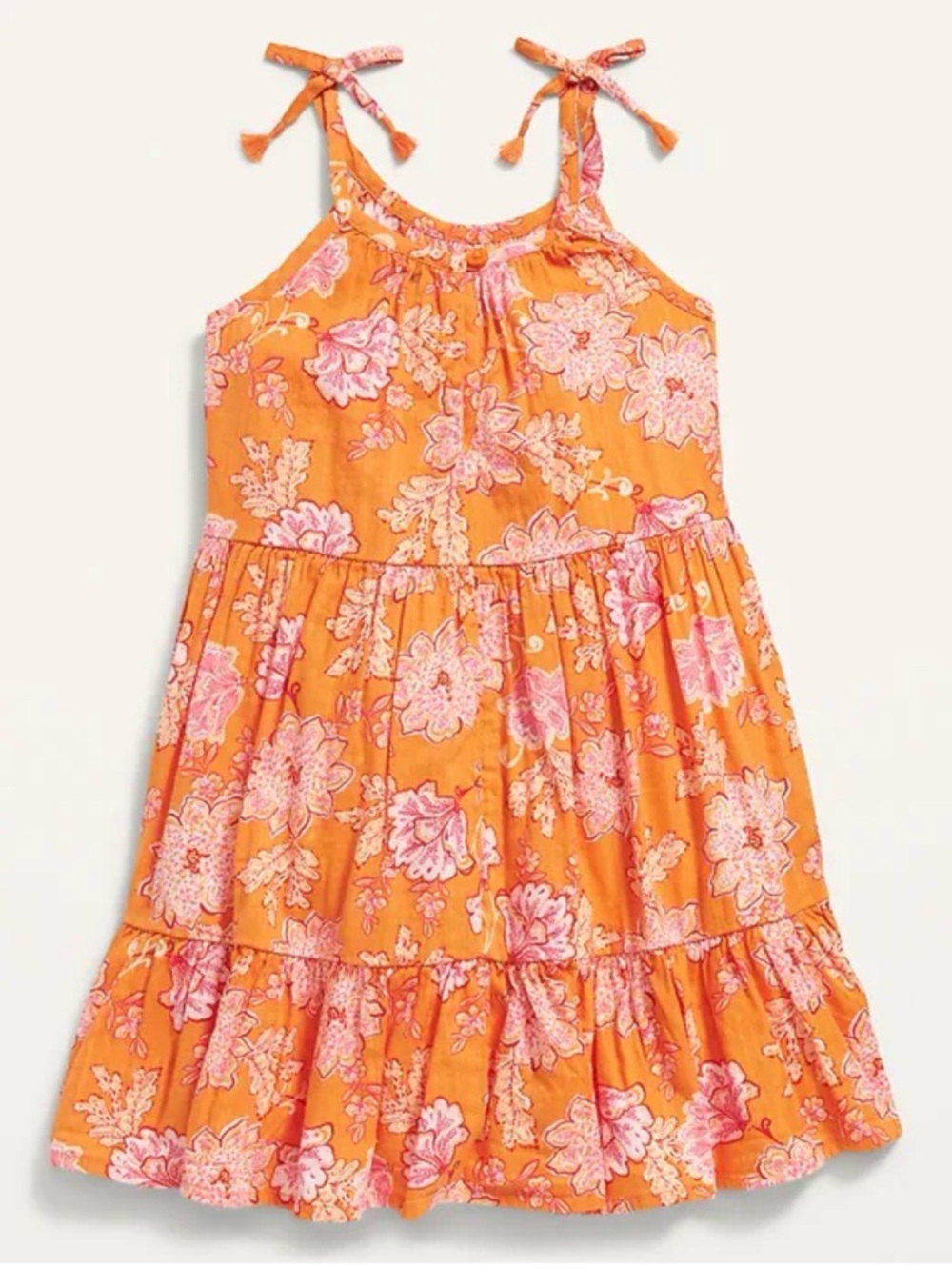 Old Navy Girls' Orange Tied-Shoulder Sundress Tired Floral Swing Dress 18-24 Mo.